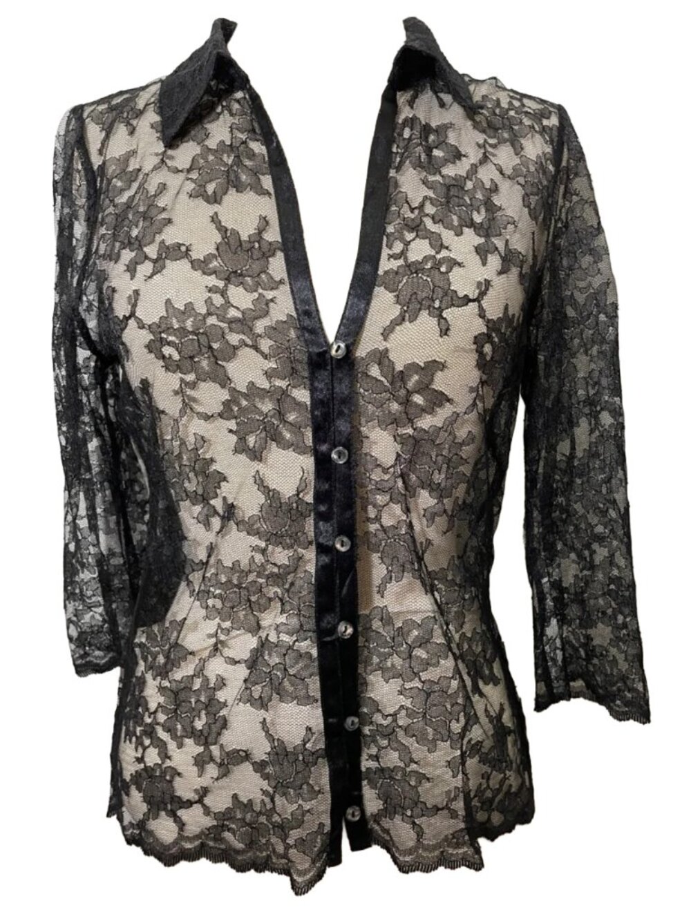 The Limited Black Lace Button-up Top with Johnny Collar